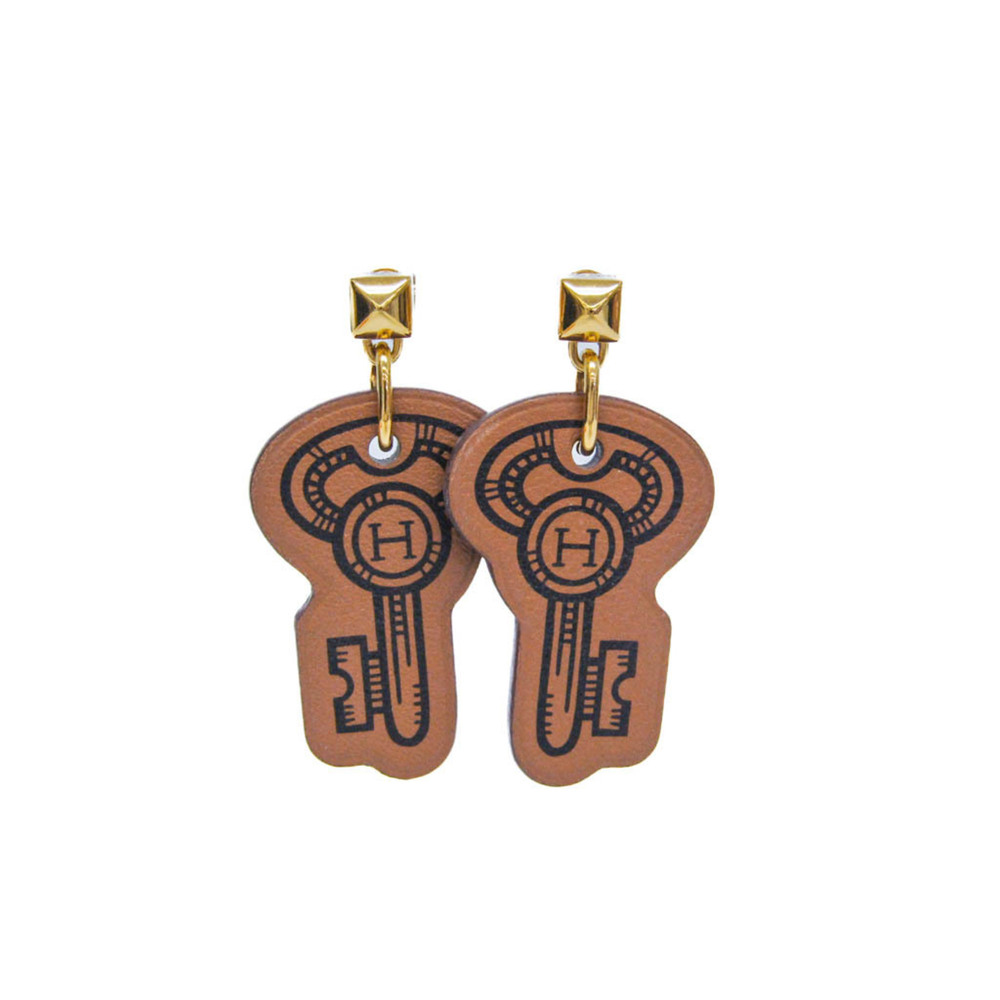 HERMES Brown Leather Earrings